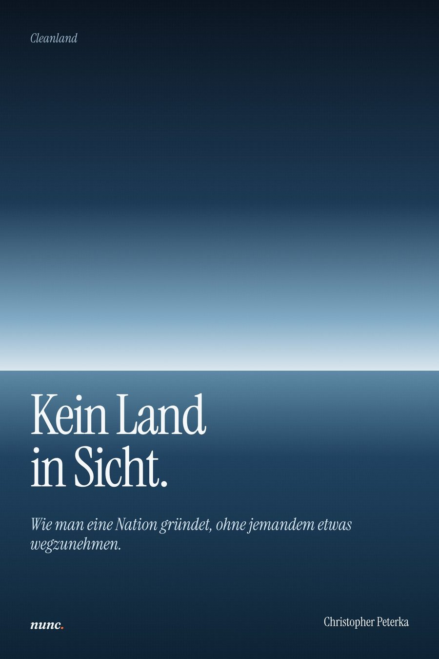 Coverentwurf Kein Land in Sicht: ein leerer Meereshorizont, dunkler Himmel über tiefblauem Wasser, eine feine helle Linie dazwischen, der Titel in weißer Antiqua unter dem Horizont